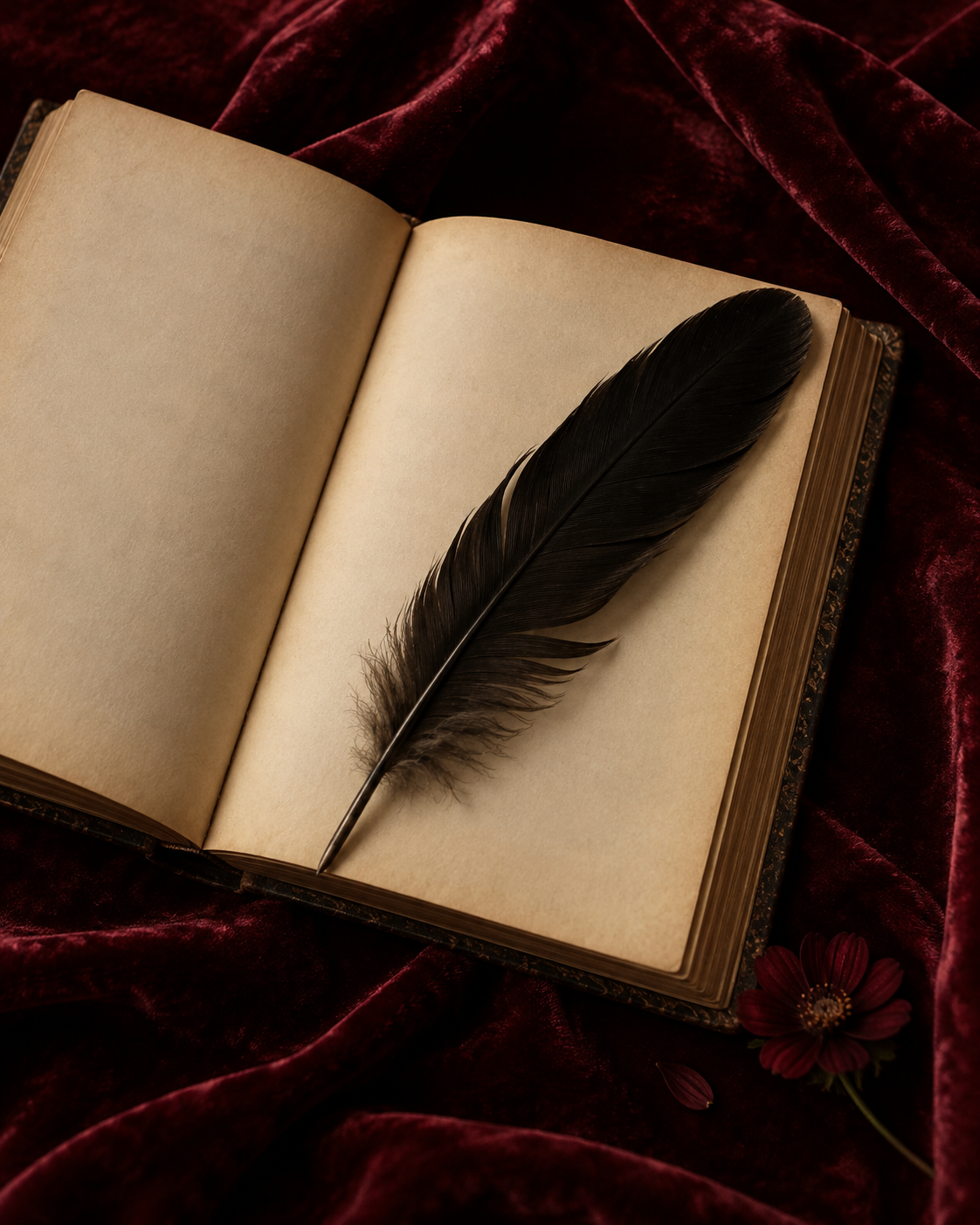 An open book and a dark feather on rich burgundy velvet